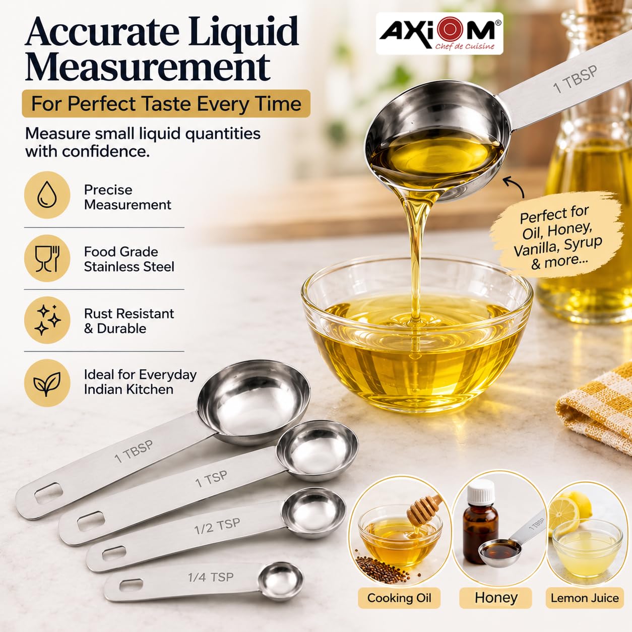 AXIOM Measuring Set of 8 pcs Stainless_Steel Professional Quality for Baking, Cooking, 4 Stackable Measuring Cups and 4 Stackable Measuring Spoons with Measurement Engraving Handle 3