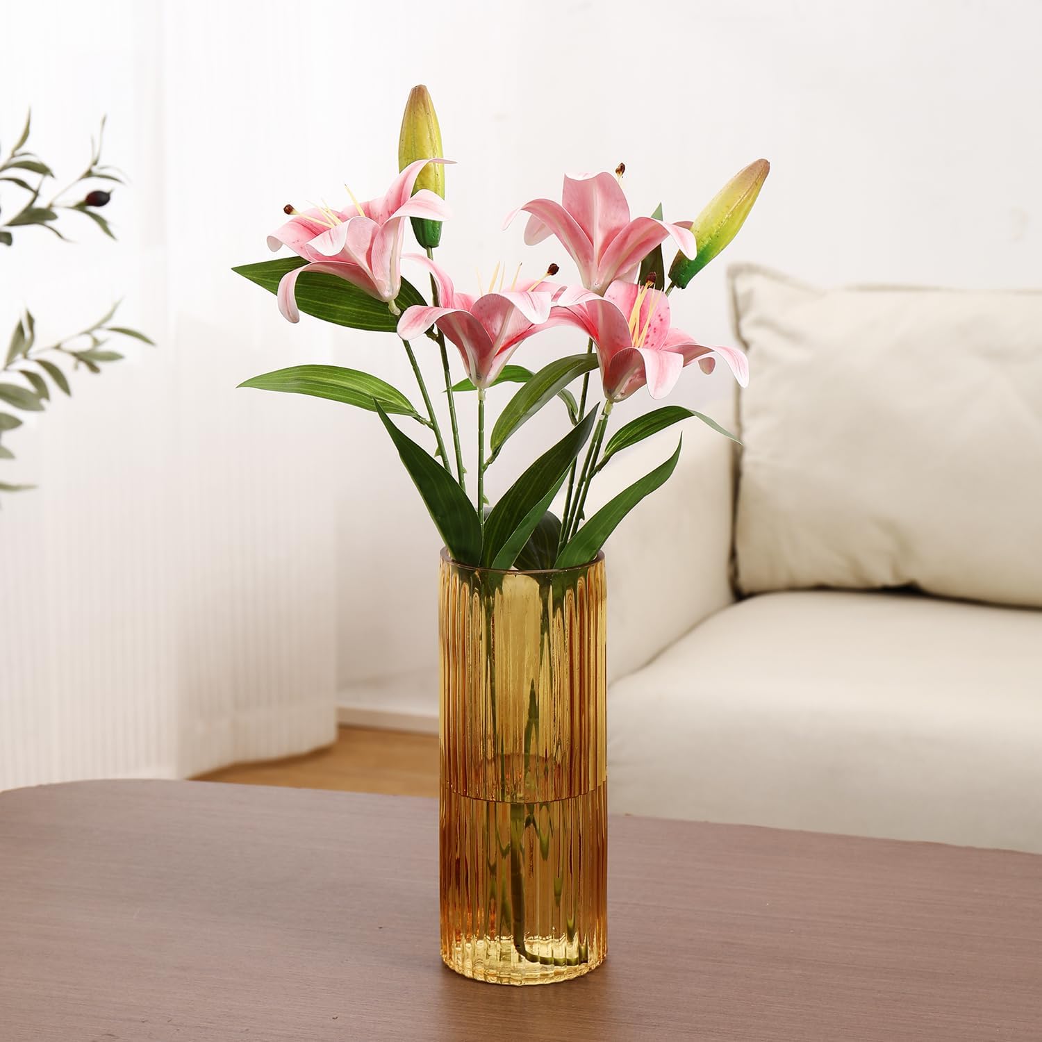 Amber Glass Vase, Flower Vase, Ribbed Glass Vase, Modern Vase for Flowers, Tall Glass Vase for Living Room, Dining Table, Office, Wedding, Bookshelf, 10 Inches