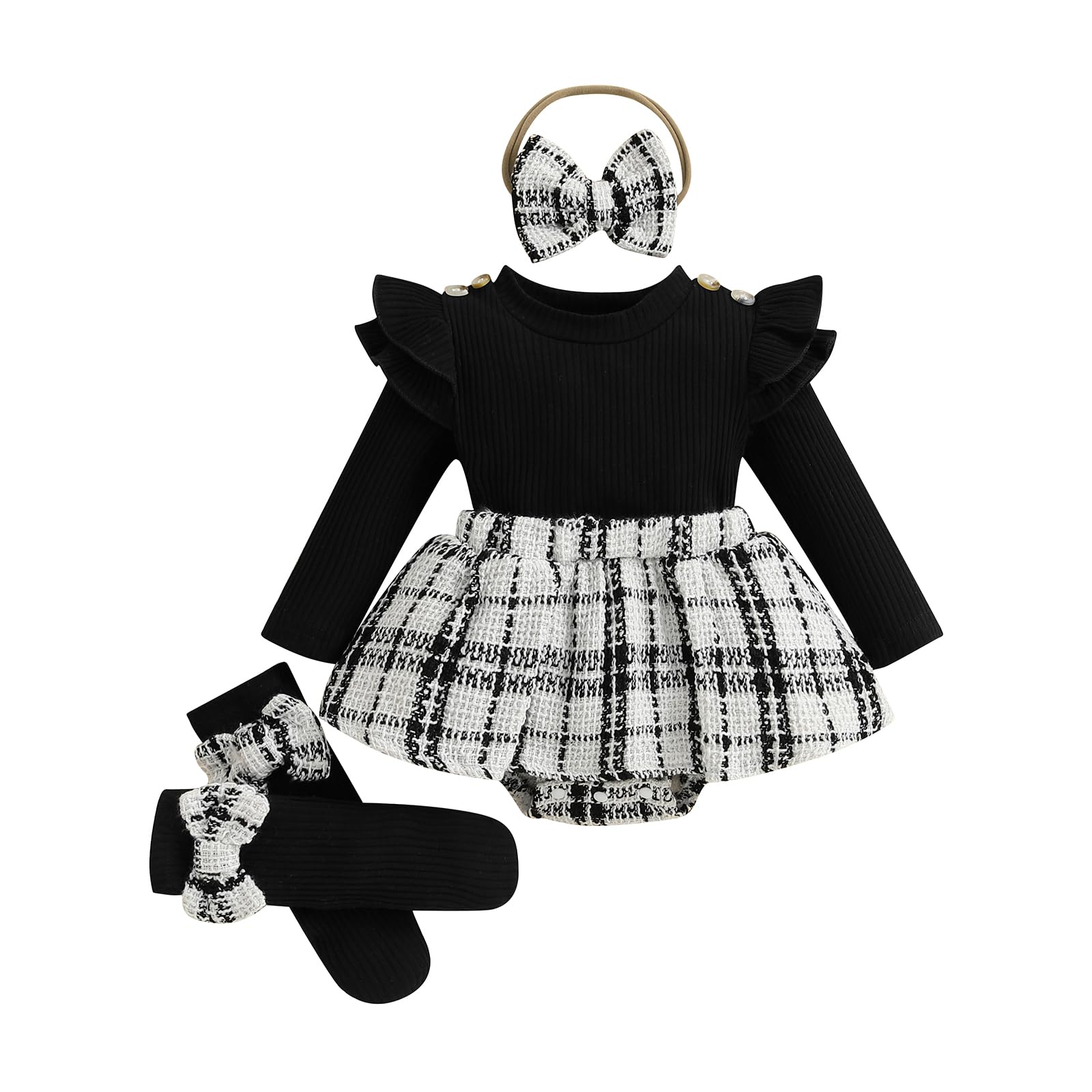 Newborn Baby Girl Holiday Outfit Long Sleeve Plaid Skirt Romper Dress Headband Socks Set Fashion Fall Winter Clothes