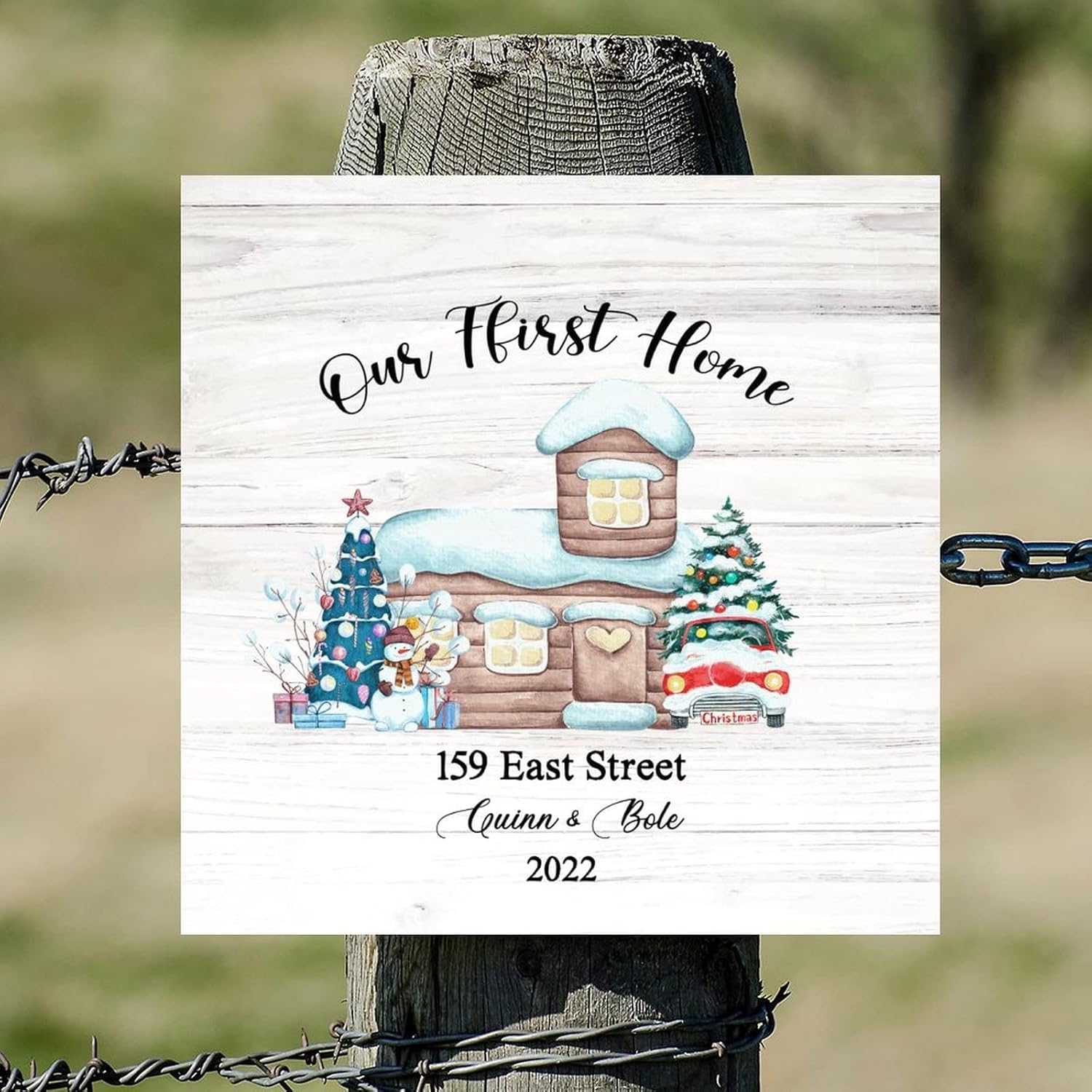 First Christmas in Our New Home Wooden Signs Winter House Custom Address Name Wood Panels Classic Hello Winter Wall Art Hanging Decorative For Home Bathroom Indoor Kitchen Garden 16x16in