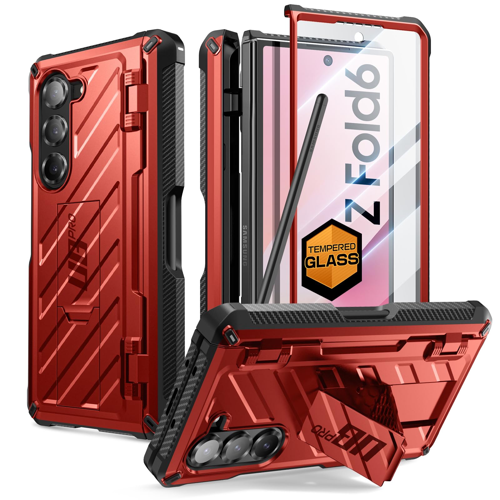 SUPCASE for Samsung Galaxy Z Fold 6 Case with S Pen Holder (UB Pro) [Built-in Screen Protector & Kickstand] [Military-Grade Protection] Heavy Duty Rugged Phone Case 360° Full Shockproof Cover, Ruddy