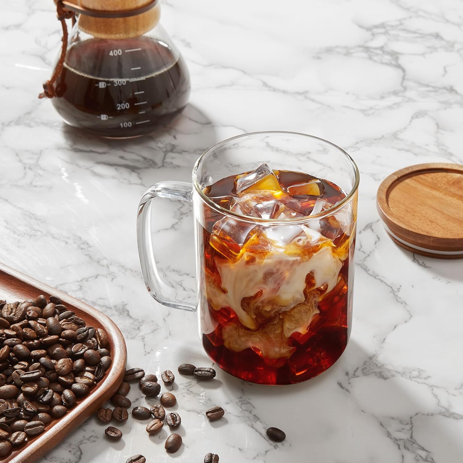 DRASTAR Glass Coffee Mugs, 20 oz Large Iced Coffee Cups, Flat Bottomed Cups with Acacia Wood Lid, Glass Tea Cup with Handle, Clear Tea Cup Set of 1 - Image 4