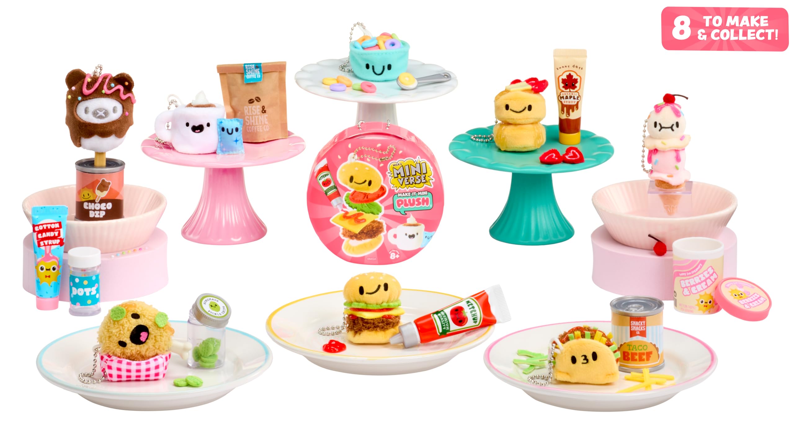 MGA’s Miniverse Make It Mini Plush – Zestaw do samodzielnego wykonania pluszowych zabawek o tematyce kulinarnej z klejem samoutwardzalnym i breloczkiem, 8 figurek kolekcjonerskich, dla dzieci od 8 lat