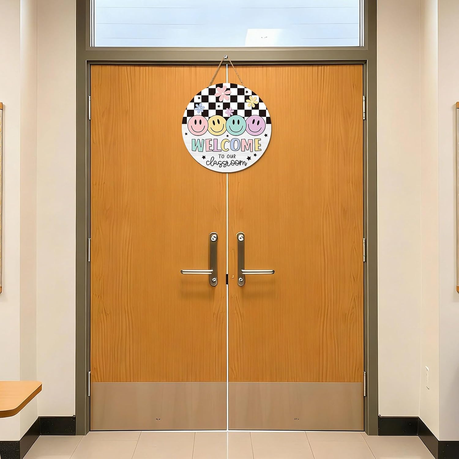 FYSUIMU Pastel Smile Face Wooden Hanging Sign Classroom Welcome Wood Sign White Black Checkered Door Decor Signs for Back to School Door Wall Decor