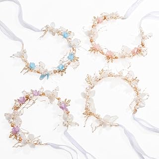 4 Pcs Flower Crown with Pearl & Artificial Floral | Handmade Flower Hair Accessory Pieces with 15.75-inch Ribbon for Wedding Festival Cosplay Party Birthday