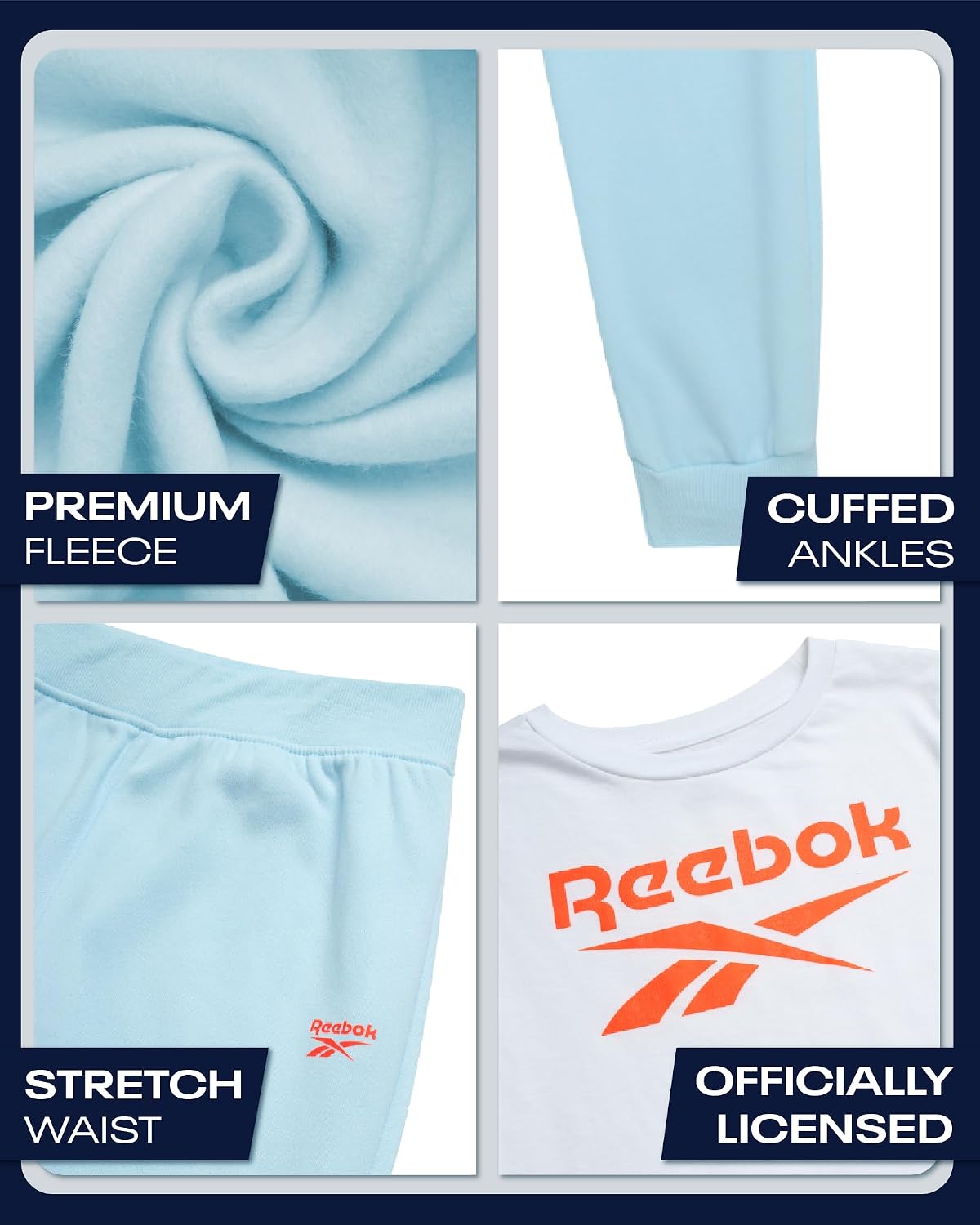 Reebok Girls' Activewear Set - 3 Piece Stylish Graphic T-Shirt Fleece Pullover Hoodie and Jogger Sweatpants Size: 4-12 Size image 3