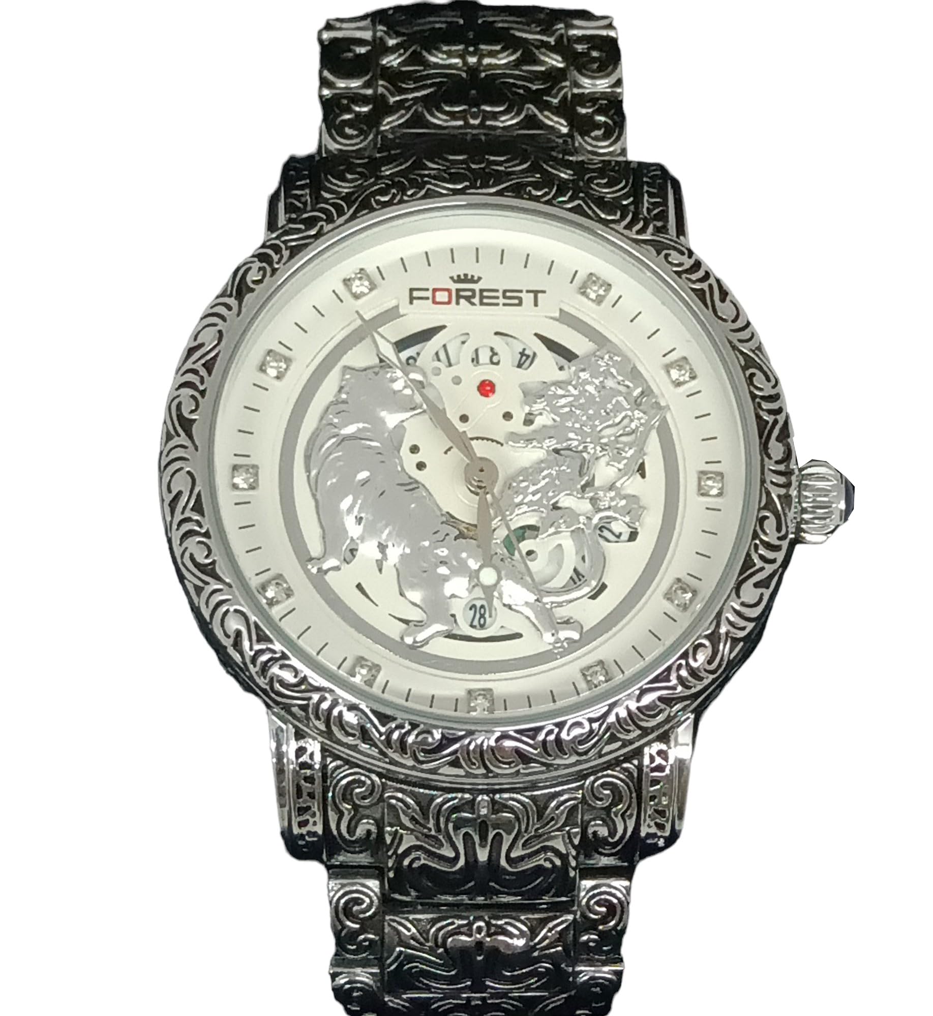 Forest Skeleton Tiger Analogue Watch, Stainless Steel Case, 36 cm Diameter (White, Silver) (B0DFHYWXF3) Amazon Price History, Amazon Price Tracker