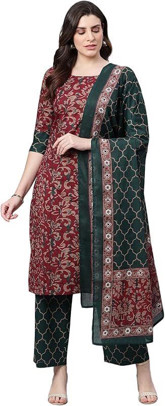 Dark Green and Maroon Indian Kurta for Women Cotton Kurta Set with Dupatta