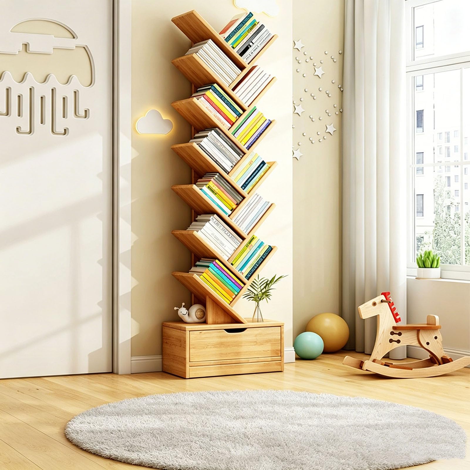 Librería de madera vertical de 5-8 niveles para ahorrar espacio en el dormitorio