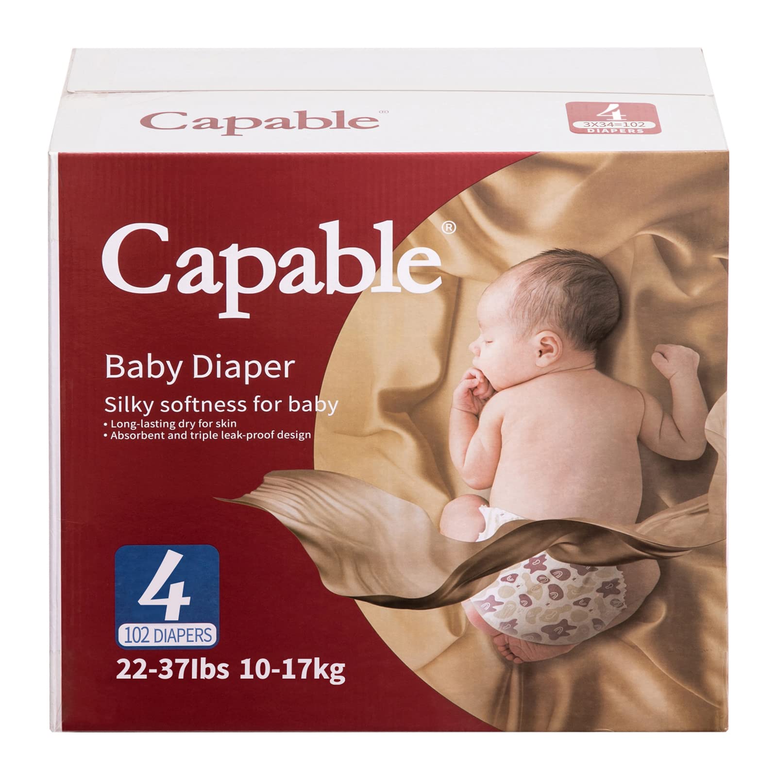 CapableNewborn Diapers Size 4, 102 Count, Triple Leak-Proof Baby Diapers, Hypoallergenic Disposable Diapers with Wetness Indicator, Extra-Absorbent, Light and Snug