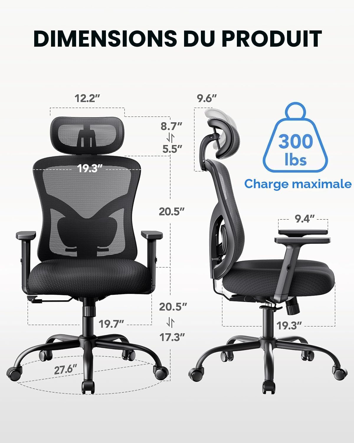 NOBLEWELL Ergonomischer Bürostuhl mit gepolsterter Lendenwirbelstütze, 2D-Kopfstütze, verstellbaren Armlehnen, verbessertem Sitzkissen, 130° Neigung, Computerstuhl für das Büro zu Hause