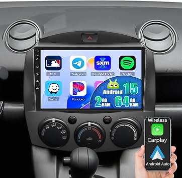 5Ghz WiFi 2+64G for Mazda 2 2007-2014 Android 15 Car Stereo Wireless CarPlay Android Auto,9 inch Touch Screen Radio Bluetooth GPS Navigation FM RDS+Free AHD Backup Cam