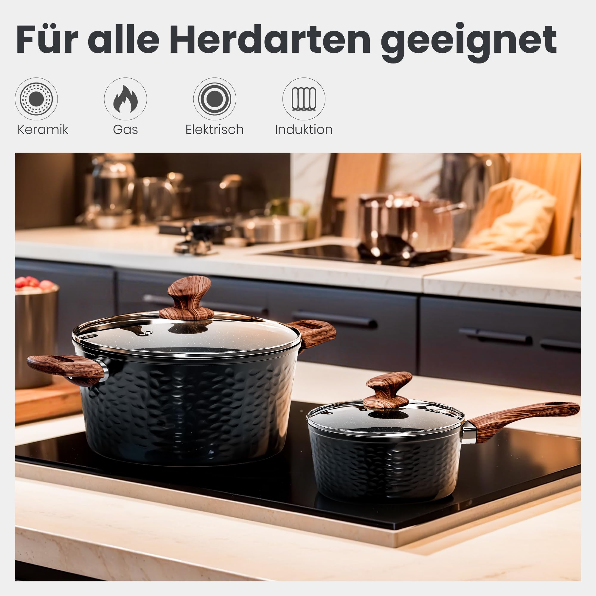DishDelight Topf und Pfannenset 15-teilige Antihaftbeschichtung Töpfe und Pfannen für Induktion alle Herdarten Geeignet Bratpfanne mit Deckel