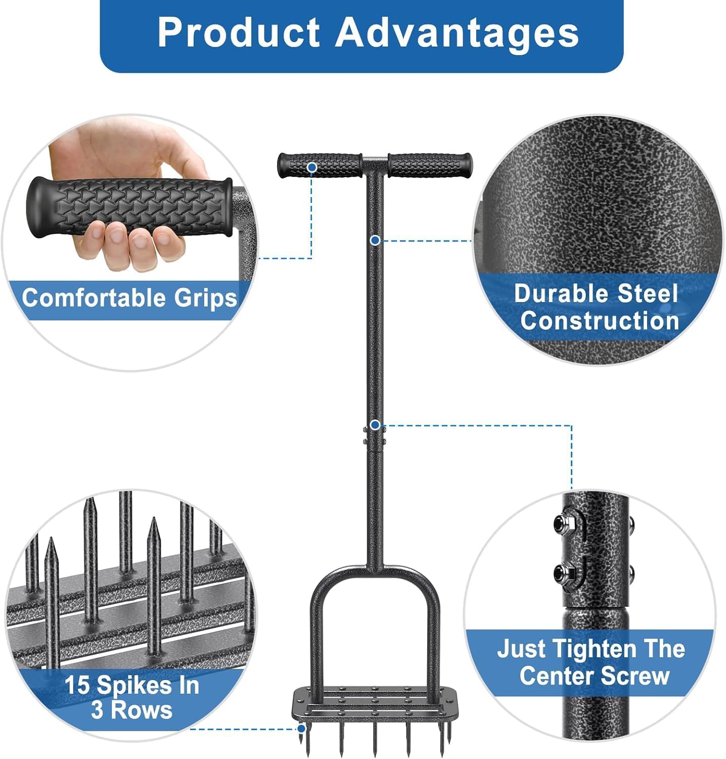 Lawn Aerator Spike Manual Tool with 15 Metal Spikes Grass Aerators for Yard with Wide Foot Plate & Soft Rubber T-Handle Revives Lawn Health, Loosening Soil