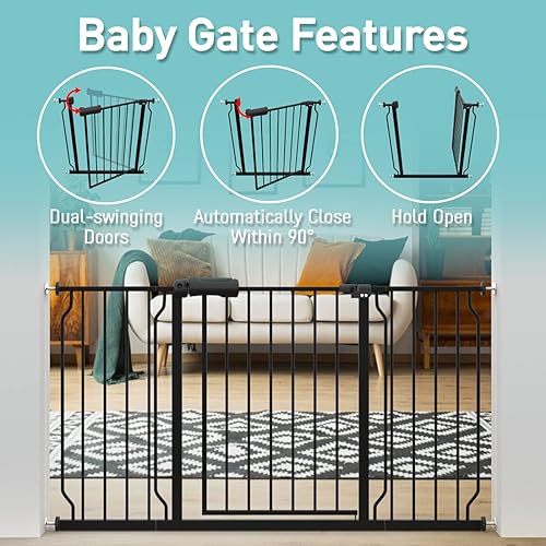 Miniatura 3 de WAOWAO Baby Gate Extra Wide montado a presión a través de Swing Auto Close Seguridad Negro Metal Niño Niño Niño Perro Perro Perro Cachorro Gato para