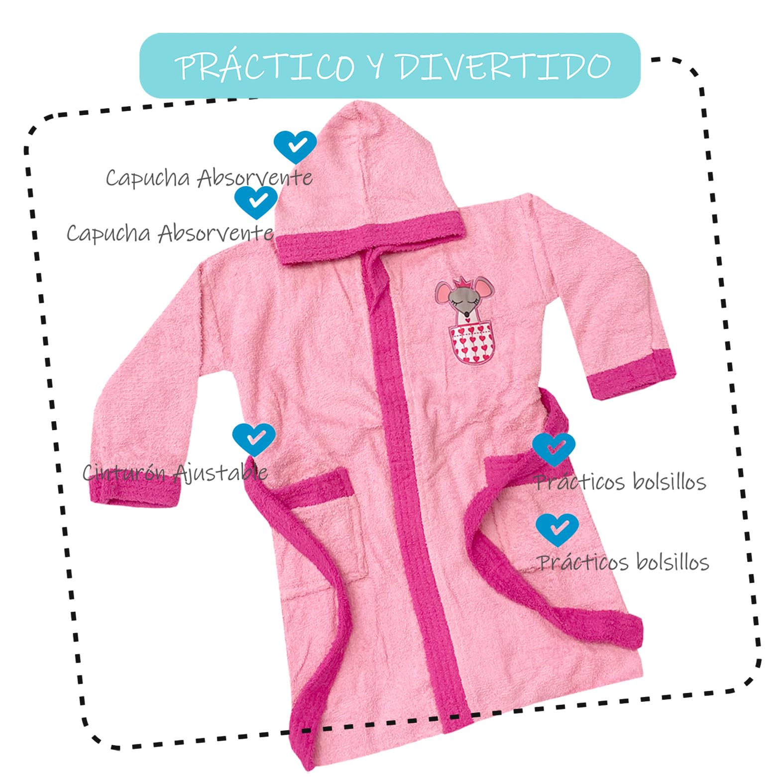 LEBENGOOD - Albornoz Niñas, Algodón, 100% Algodón OEKO-TEX®, 2 Bolsillos, Cinturón, Capucha, Albornoz Felpa suave con bordados para niñas, Albornoz Infantil