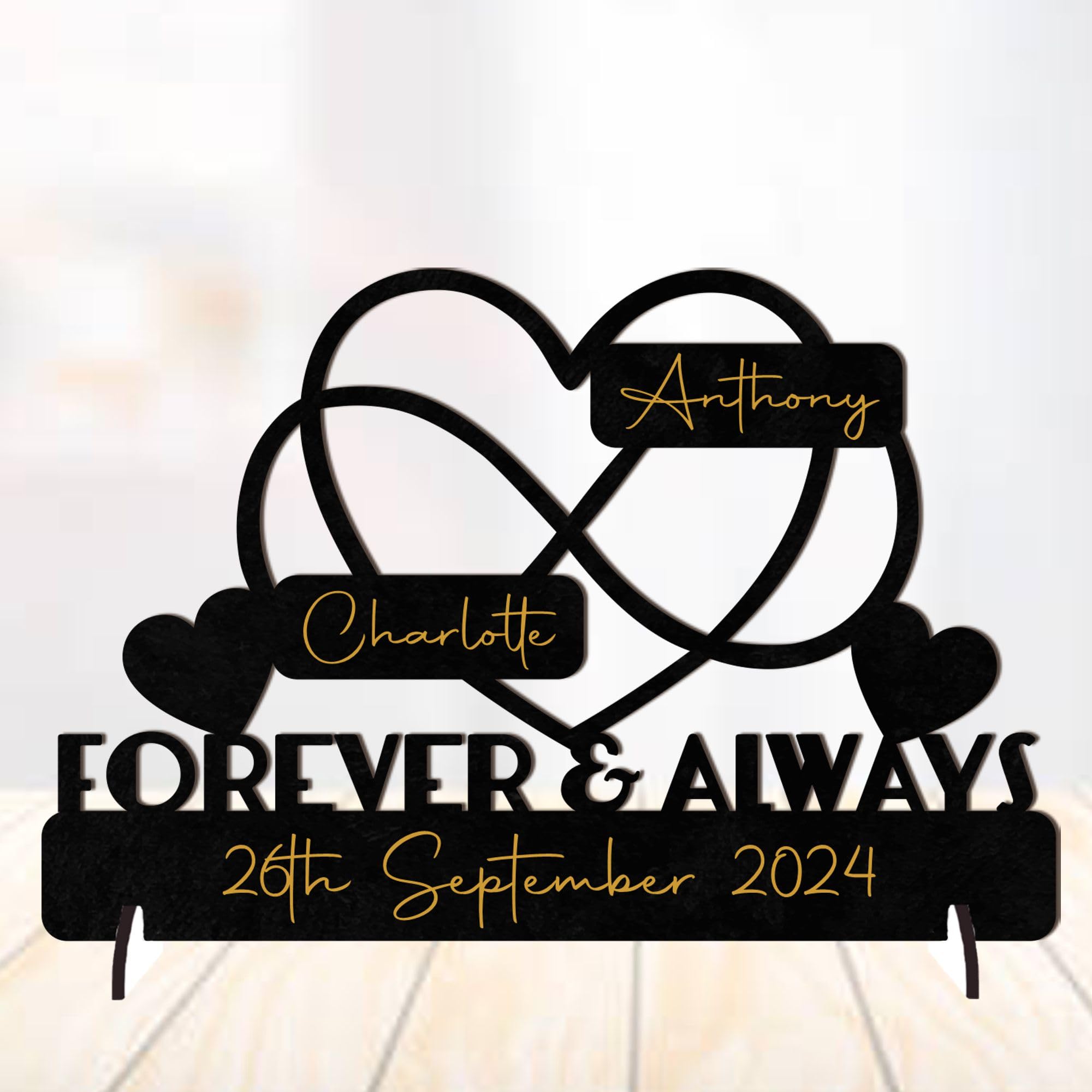 Personalised Forever & Always Infinity Heart Sign Wedding Anniversary Sign - Customised with Couple's Names and Marriage Date - Gift for Him, Her, and Couples - 20cm x 13cm (Black)