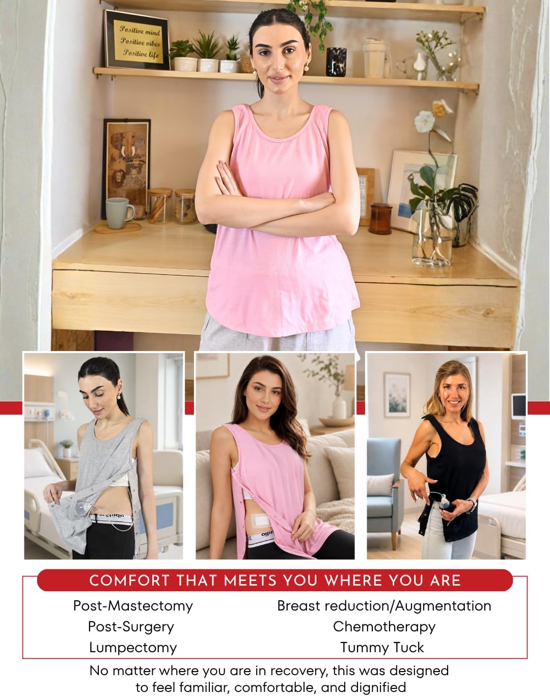 Inspired Comforts Post Surgery Mastectomy Recovery Tank Top with Drain Pocket & Snap-Access