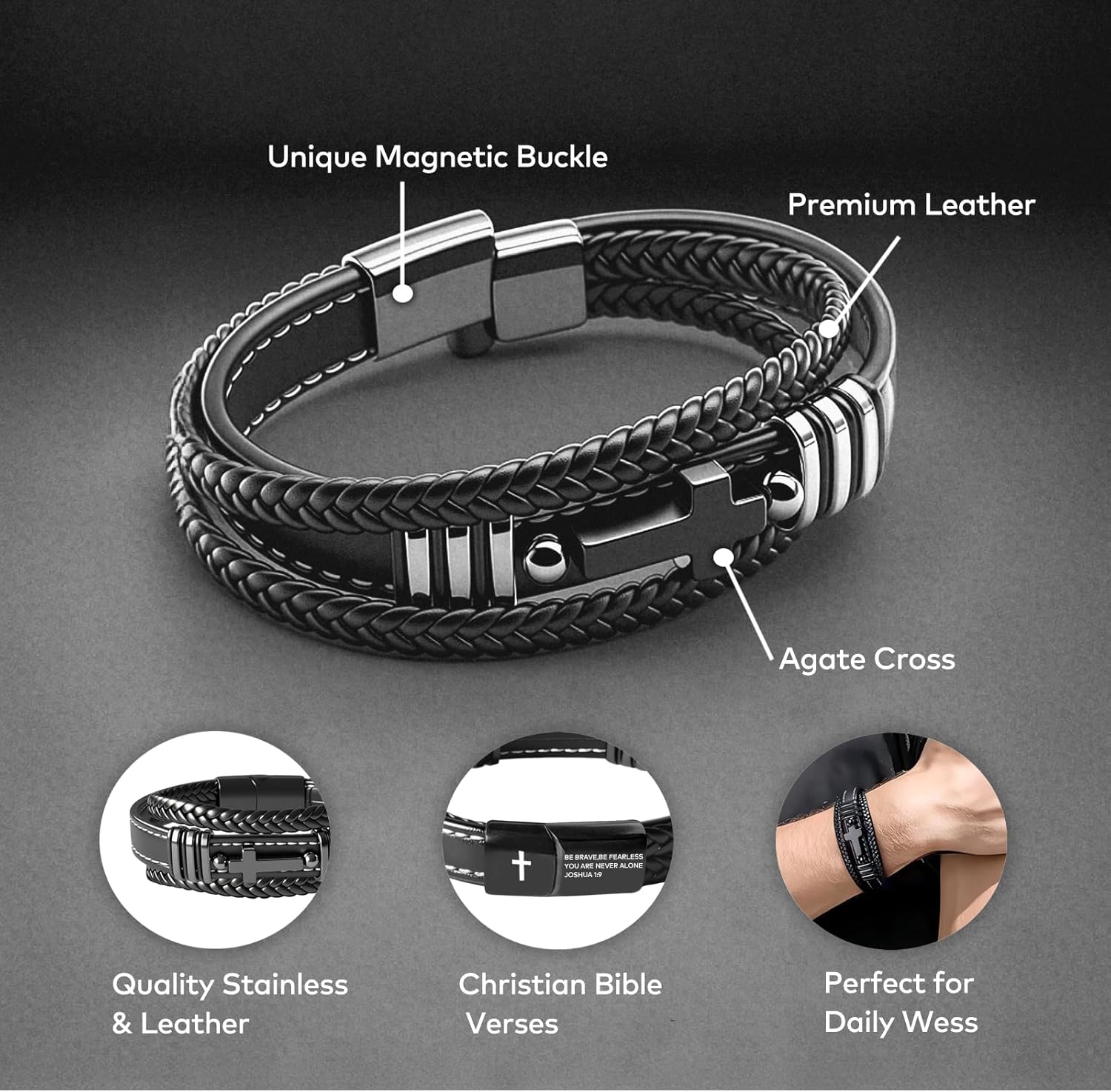 Men's Leather Faith Cross Bracelets, Multi-Layer Braided Leather Wristband Bangle, Jesus Catholic Christian Religious Jewelry Gifts for Dad,Friends,Brother - Image 3