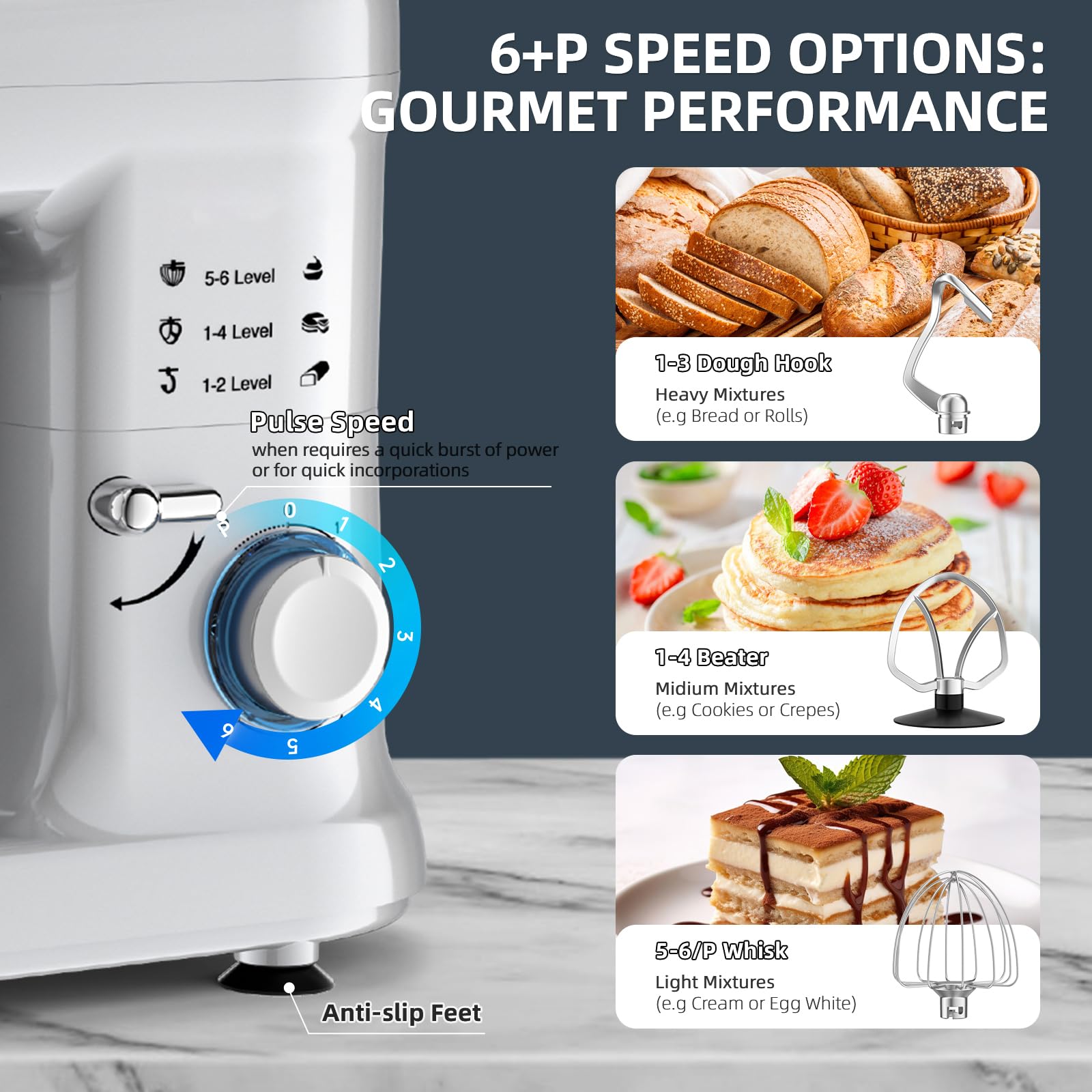 Impastatrice Planetaria offerta 6,5L 1500W Professionale Robot da Cucina Multifunzione 6+P Velocità Basso Rumore Mixer Elettrico con Gancio per Impastare, Frusta Piatta, Frusta