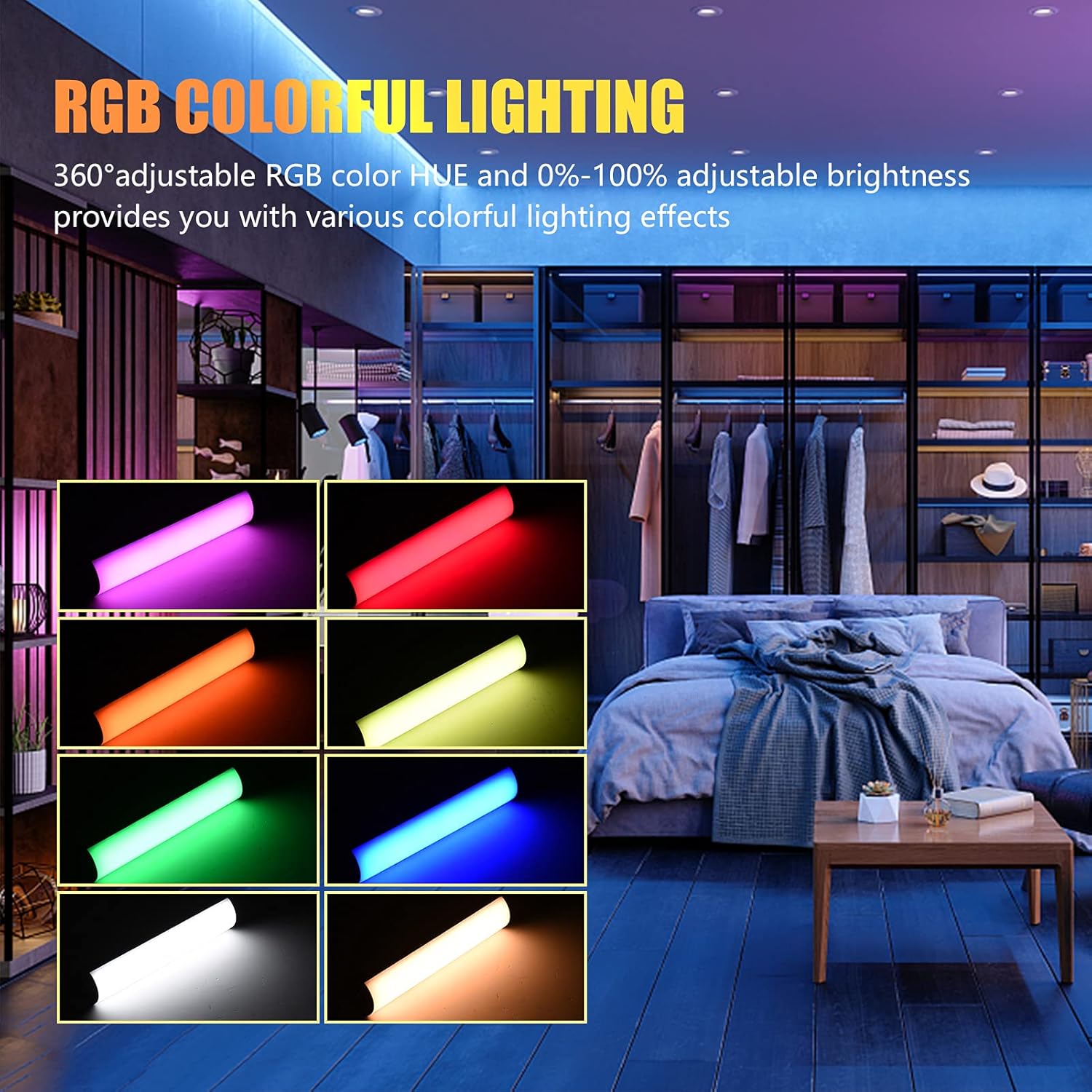 Andoer W200RGB LED Video Light displaying various RGB colorful lighting effects in a room setting.