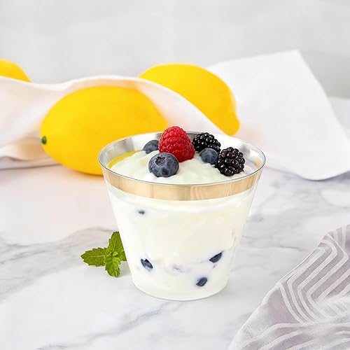 Miniatura 6 de Nervure 240 vasos de plástico dorados  Vasos de plástico con borde dorado de 9 onzas  Taza transparente desechable resistente con borde dorado