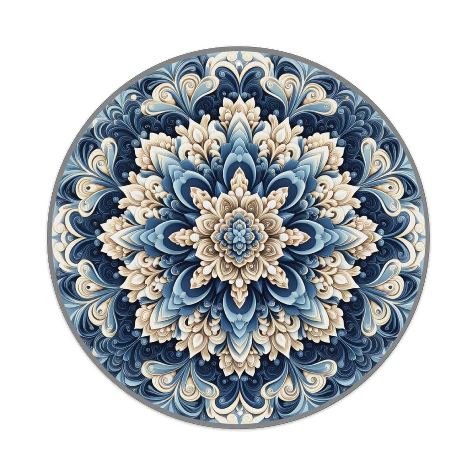 Blue And Cream Floral Mandala Round Tin Sign Vintage Metal Poster, Home Bar Garage Man Cave Cafe Indoor & Outdoor Wall Decoration 8x8Inches