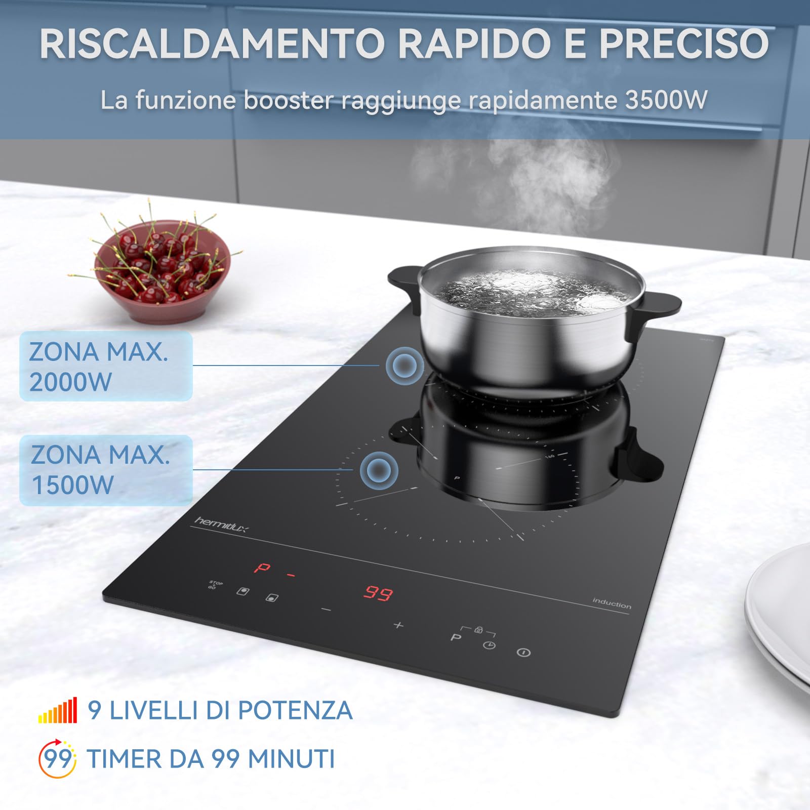 Hermitlux Piano cottura a induzione Domino da incasso 2 zone, 30 cm 3500 W, Vetroceramica nera, 9 livelli + Boost, Touch control, Blocco bambini, Compatto facile da installare