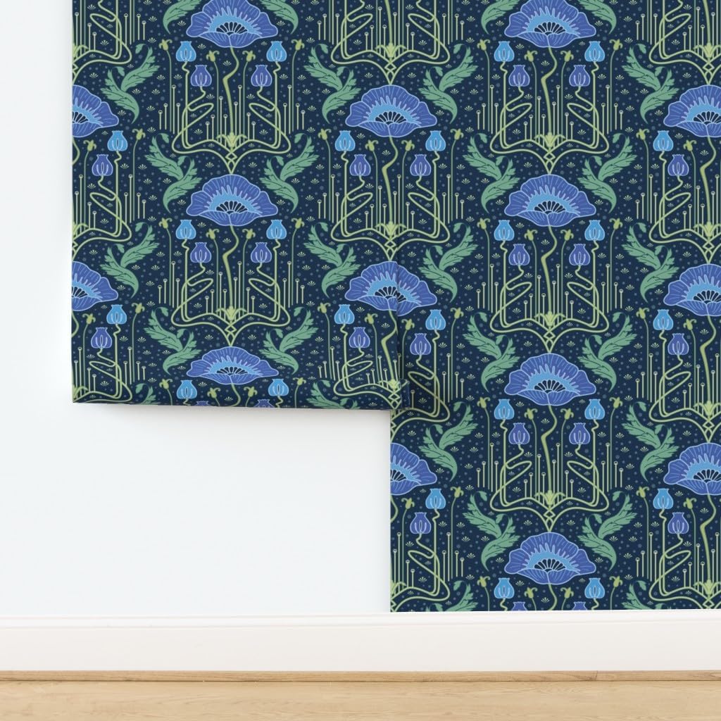 Spoonflower Peel & Stick Wallpaper 3ft x 2ft - Whimsical Art Nouveau Poppy Blue Damask Custom Removable Wallpaper