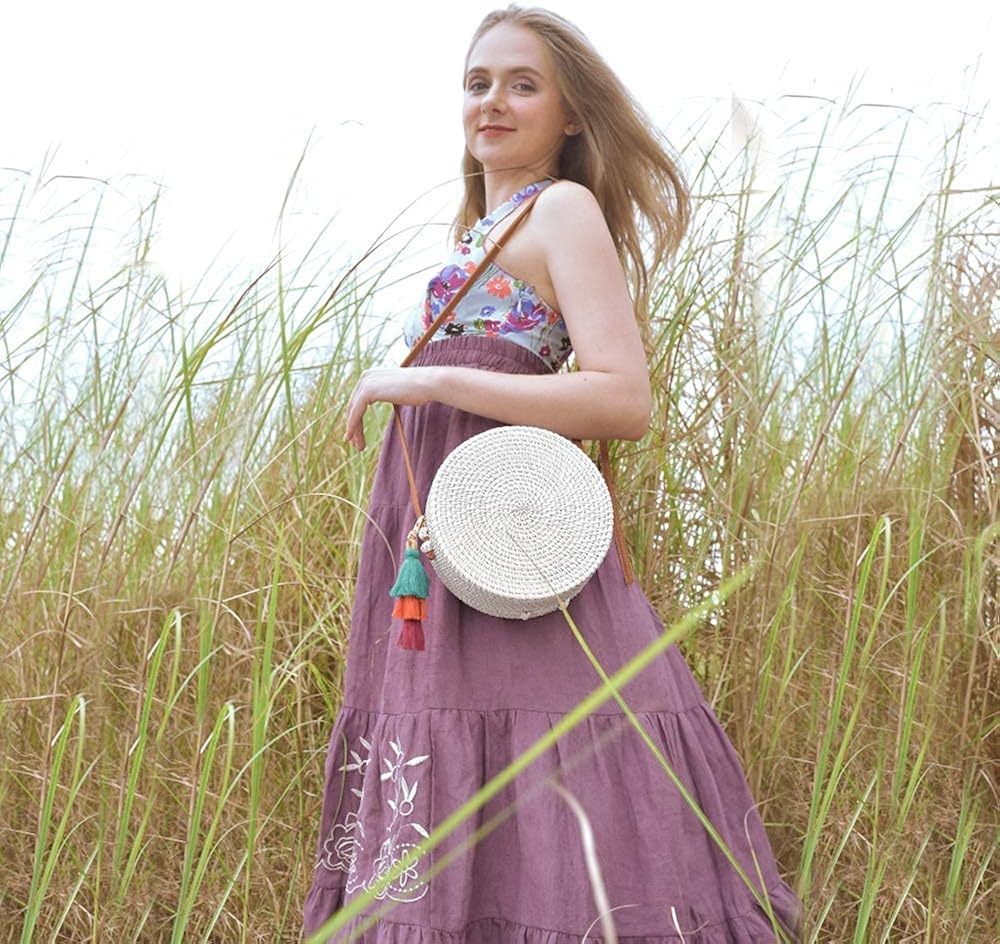 Miniatura 6 de Natural Neo - Bolsa tejida a mano de mimbre redonda y elegante con correas de cuero natural