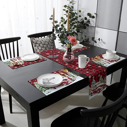 Miniatura 3 de Juego de 6 manteles individuales de camión rojo nevado con caminos de mesa de 70 pulgadas de largo, manteles individuales de lino y algodón, juego