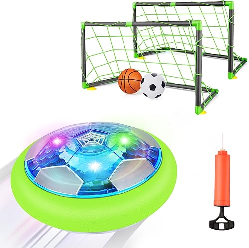 Hover - Balón de fútbol con 2 porterías, juguete de fútbol flotante recargable con luces LED y parachoques de espuma, juegos de interior para niños