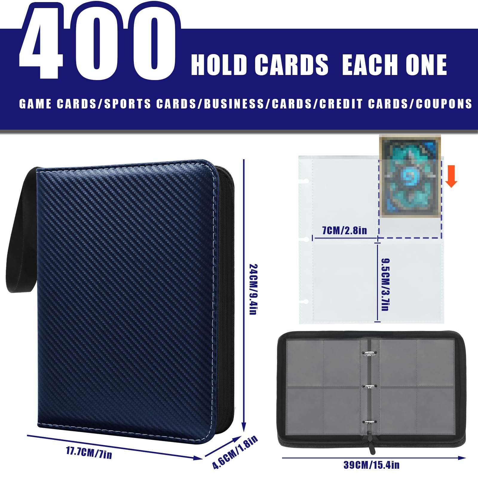METEOROCK 4 Pocket Card Binder, PU Leather Trading Card Binder, 400 Pockets Trading Card Album, Waterproof Zipper Card Collection Folder, Portable Card Album for Board, Sport and Game Cards, Dark Blue