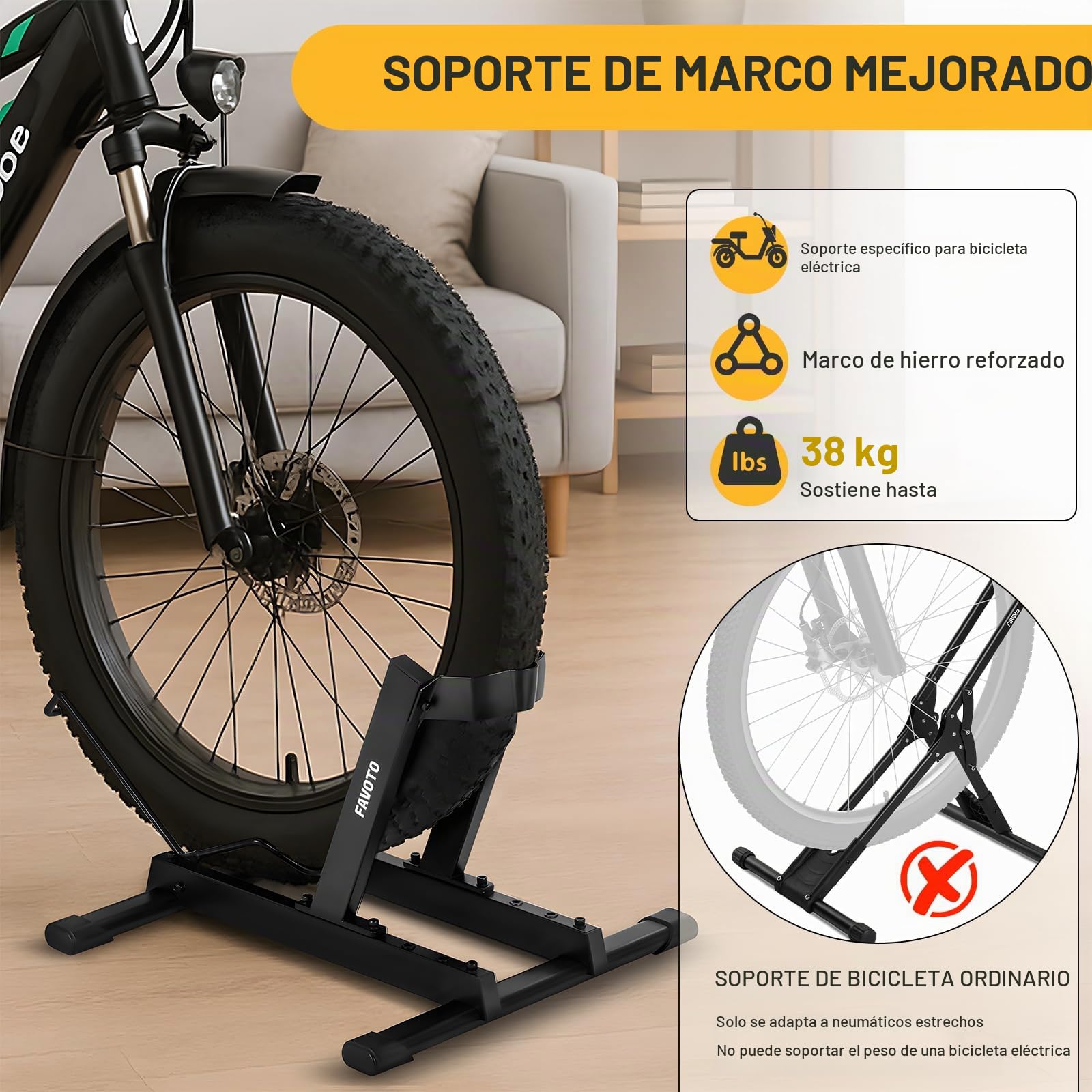 Favoto E-bike soporte para bicicletas de carretera - soporte de suelo para bicicletas eléctricas y bicicletas de 20-29 pulgadas peso máximo 38kg | Soporte de Suelo, Bicicletas de Carretera, Bicicletas Eléctricas, Peso Máximo 38kg