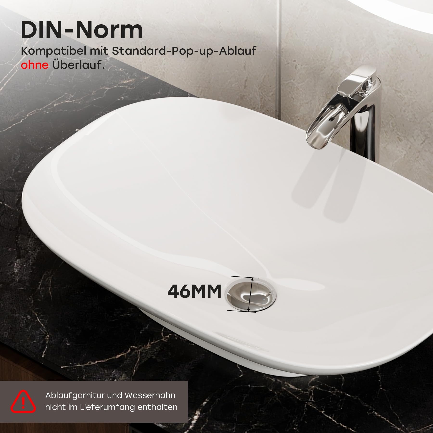 HOROW Aufsatzwaschbecken Modernes Waschbecken | mit Slim-Edge Design für Badezimmer Gäste-WC, dünner Rand, pflegeleichte Oberfläche, Keramik 60x40 cm Weiß