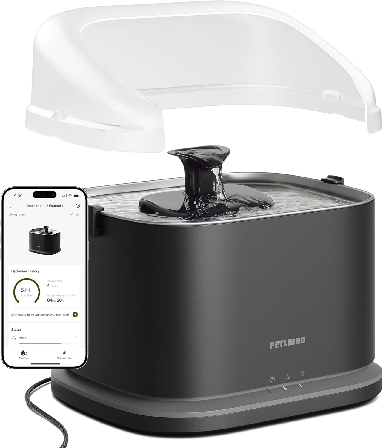 PETLIBRO Upgrade Cat Water Fountain + Splash Shield, Dockstream 2 Smart App Monitoring Pet Water Fountain for Cats Indoor, 3L/101oz Stainless Steel Tray for Drinking,Shield Prevent Water Spills