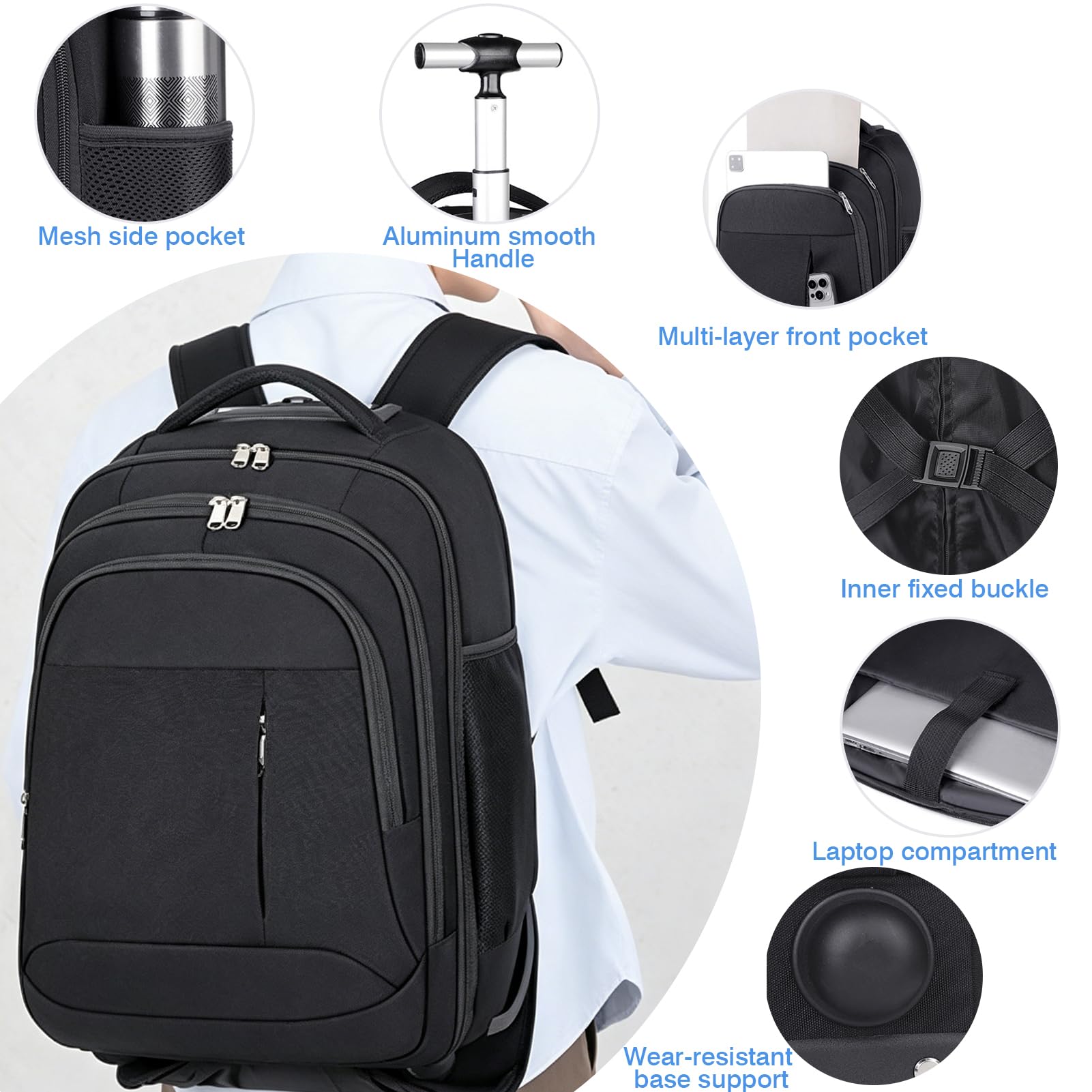 Mochila con Ruedas Adulto, 18'' Trolley para Portátil para Hombre, Mujer, Maletin Grande Resistente al Agua Bolsa de Viaje Cabina Avion para Empresas Escolares, Negro (Negro)