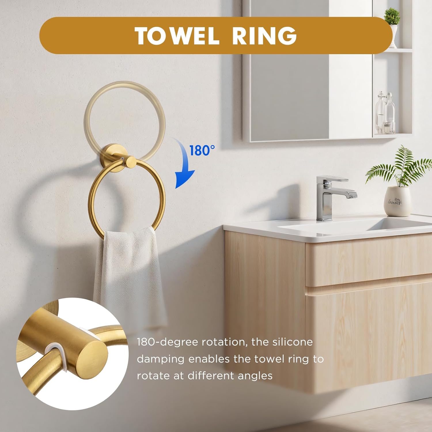 Gold Bathroom Accessories, 24” Towel Bar, Towel Ring Holder, Toilet Paper Holder and 3 Towel Hooks, Bathroom Hardware Set Wall Mounted