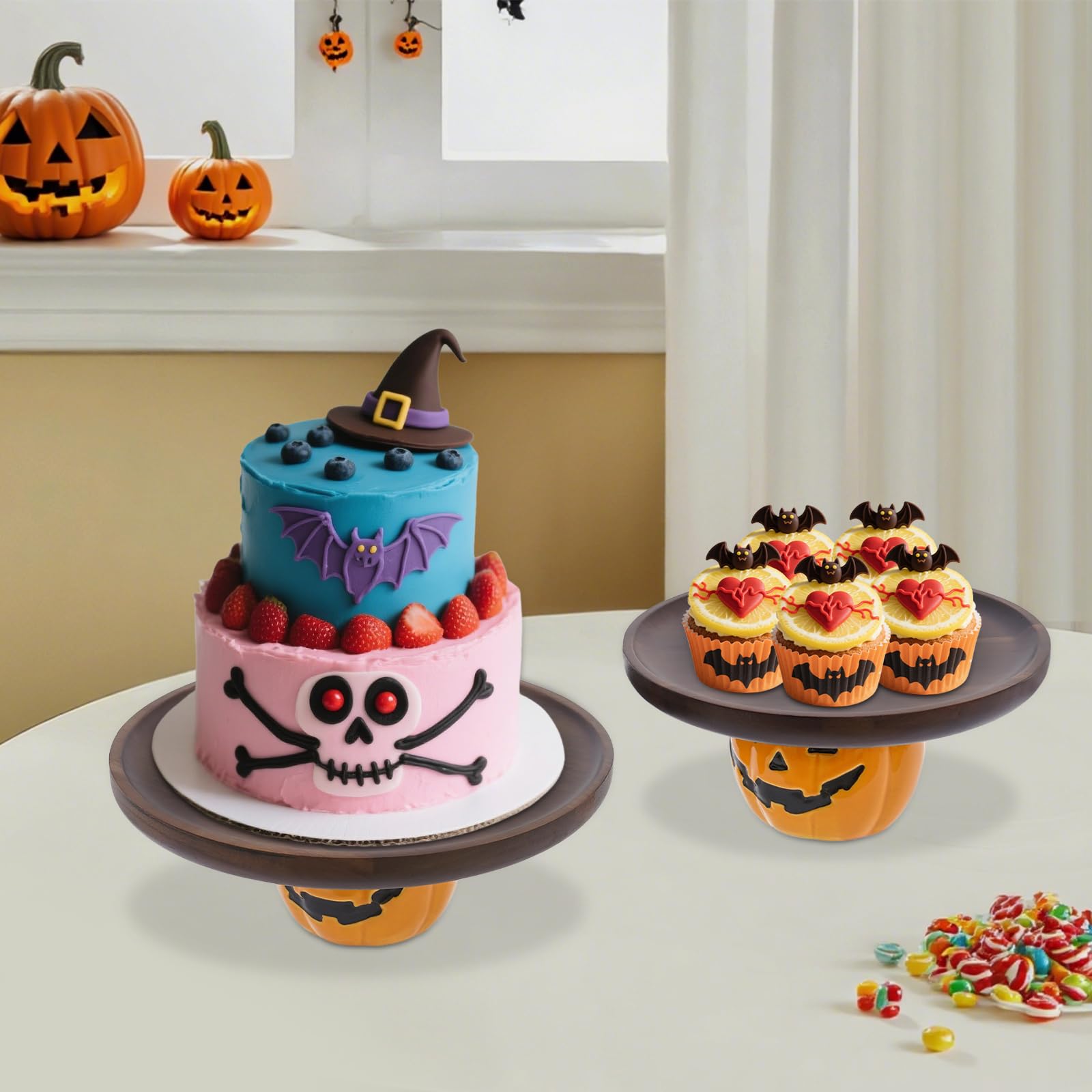 Zestaw miseczek na ciasto na Halloween, 2-częściowy, wzór dyni, drewno akacjowe z powłoką woskową, na babeczki i desery (20,46 cm i 35 cm, 1,9 kg)