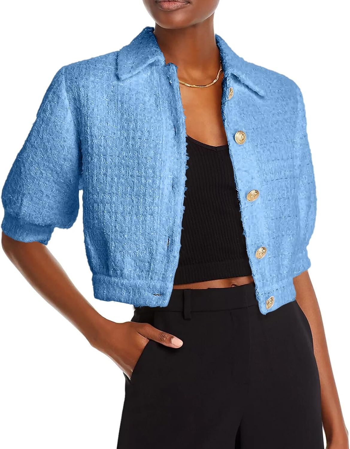 Women's Cropped Tweed Blazer Puff Sleeves Short Sleeve Jacket with Gold Buttons - Image 2