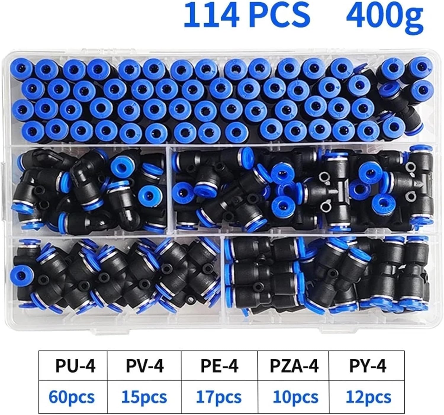 114Pcs/Box 4mm PU-4/PE-4/PZA-4/PY-4/PV-4/PG-4 Air Hose Connector Quick Release Pneumatic Push to Connect Fittings Kit(5 BOXES)