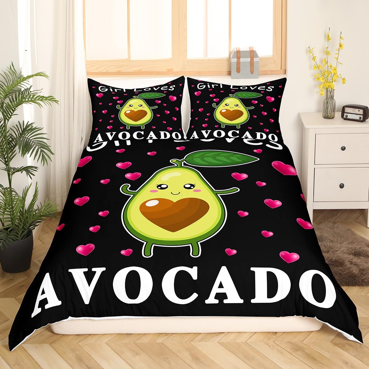 Cartoon Avocado Betten Set Nur ein Mädchen Wer liebt Avocado Bettwäsche Set 135x200cm für Kinder Jungs Mädchen Niedlich Avocado Bettbezug Set Kawaii Obst Bettdeckenbezug 2Stück Reißverschluss