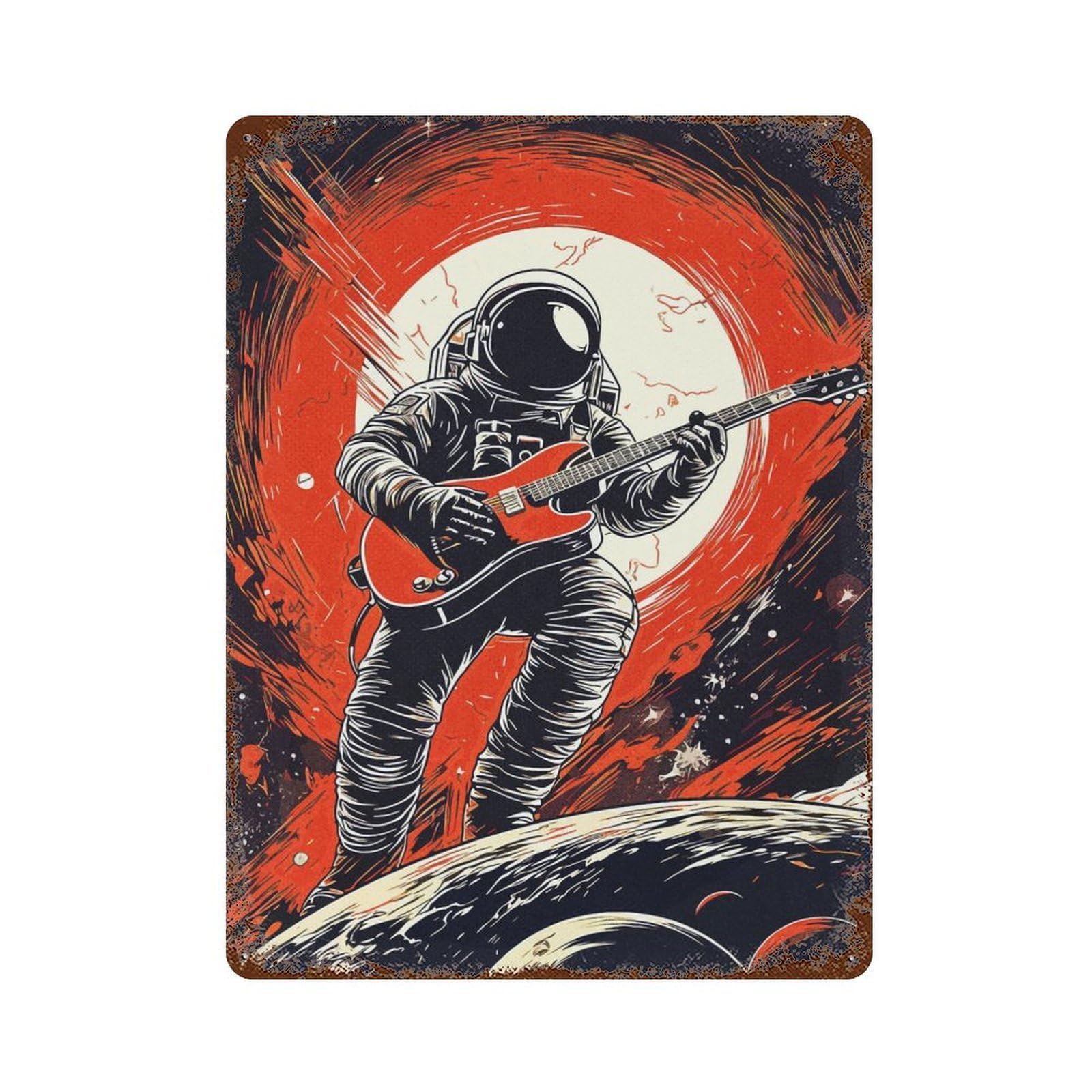 Distressed Metal Wall Sign with Space Guitarist Design 15.7"x11.8", for Living Room, Hallway And Home Decor, Vintage Wall Decor