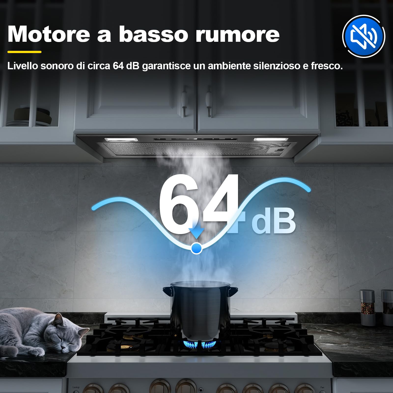 Cappa Aspirante da Incasso 52cm Nera, 750 m³/h, Controllo Gestuale e Tattile, 3 Velocità + Booster, Silenziosa 64 dB, Illuminazione LED, Doppia Modalità (Scarico/Ricircolo), Classe A+++