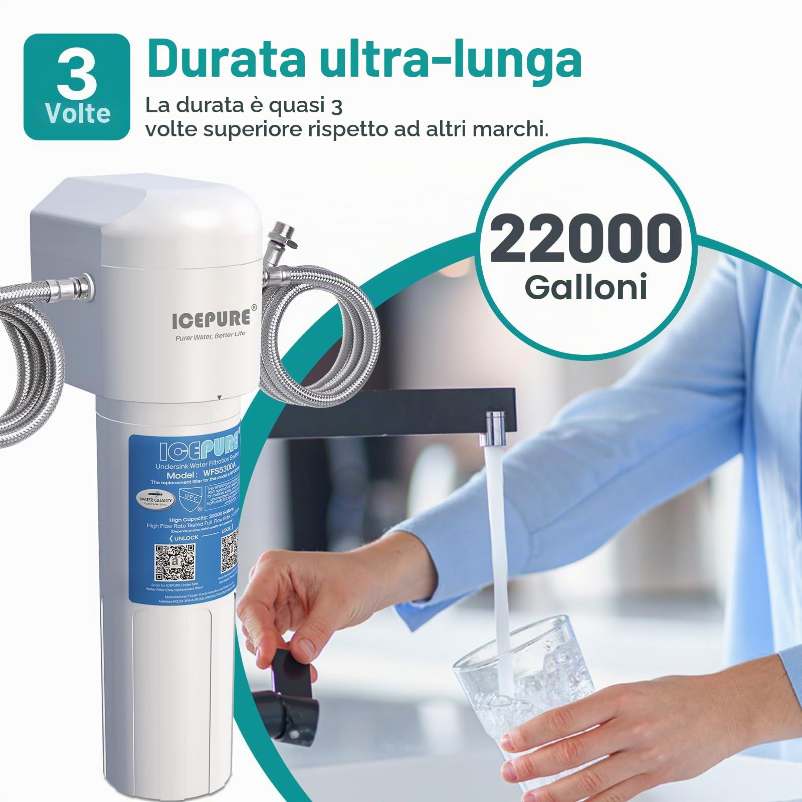 ICEPURE Sistema di filtraggio dell'acqua sottobanco- Collegamento diretto, rimuove il 99,99% di cloro, elevata capacità di riduzione del cloro di 22.000 galloni, migliora sapore e odore, USA Tech