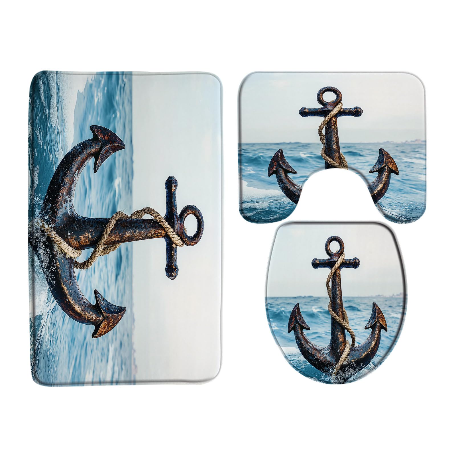 CCXTCZ Nautical Anchor Bath Mat Blue Ocean Wave Blue Sea Scenery Vintage Adventure Landscape 3 Piece Bath Rug Sets,16"x24"Bath Mat,Toilet Seat Cover,