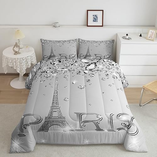 Miniatura 7 de Erosebridal Juego de edredón de París tamaño King para niños y niñas, juego de ropa de cama con purpurina de la Torre Eiffel con purpurina, edredón