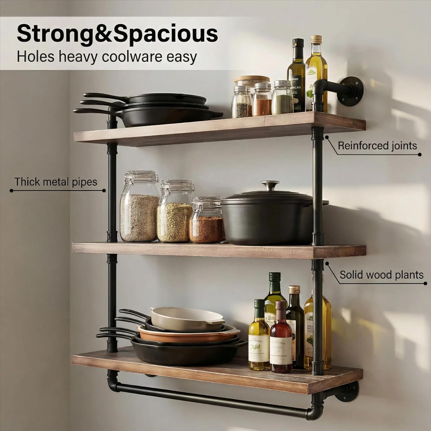 Industrial Wall Mounted Iron Floating Pipe Shelves/Shelving/Racks/Storage/Bookcases/Brackets, DIY Open Bookshelves/Shelving for Kitchen/Office, Retro Black (3-Tier Floating Shelves)