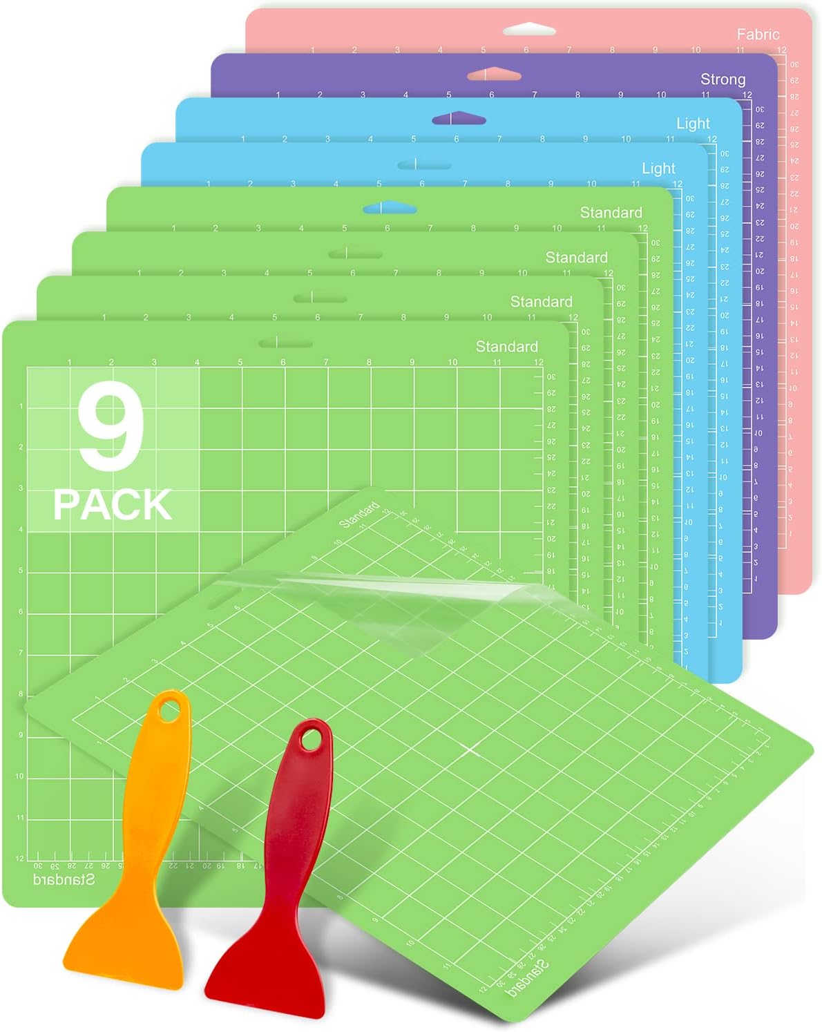 Colemoly 12x12 Cutting Mat 9 Pack Variety for Cricut Maker 3/Maker/Explore 3/Air 2/Air/One 2 Pack Mats Scrapers Sticky Cricket Cut Card Non-Slip Replacement Accessories Standard Light Strong Frabic