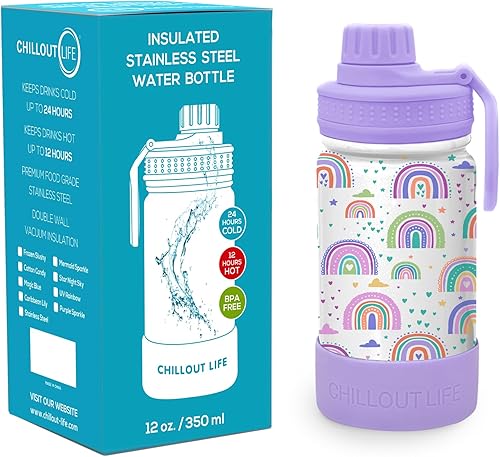 Miniatura 10 de CHILLOUT LIFE Botella de agua aislada para niños de 22 onzas para la escuela con tapa de boquilla a prueba de fugas y lindas calcomanías
